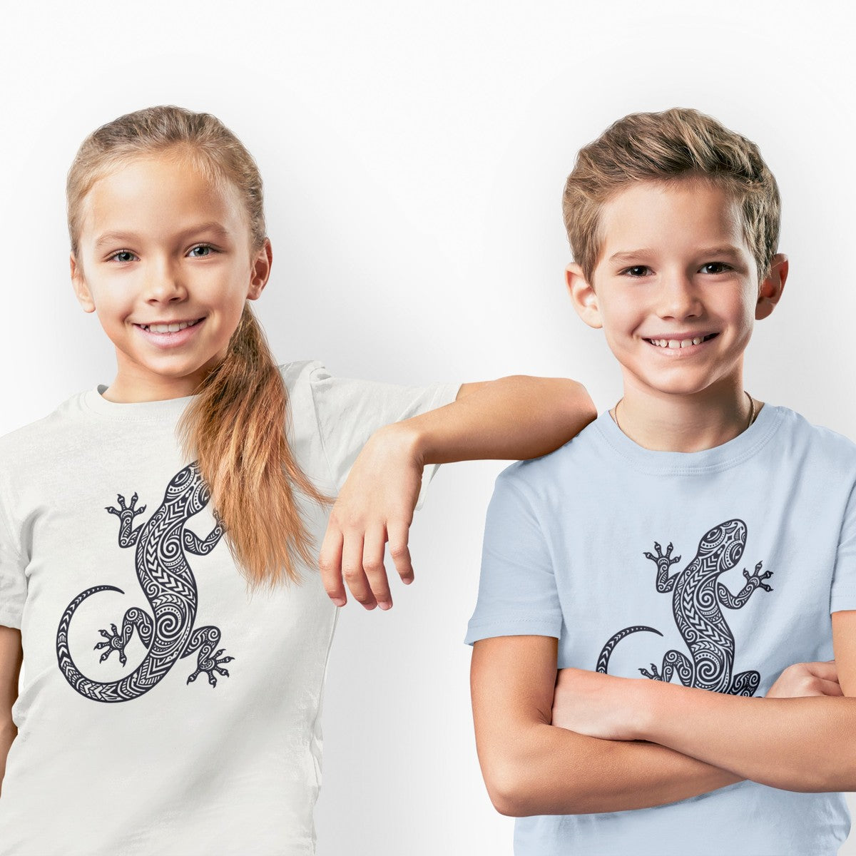 On-model lifestyle photo of the Tribal Gecko Polynesian Hawaiian Graphic Kids Hawaiian T-shirt