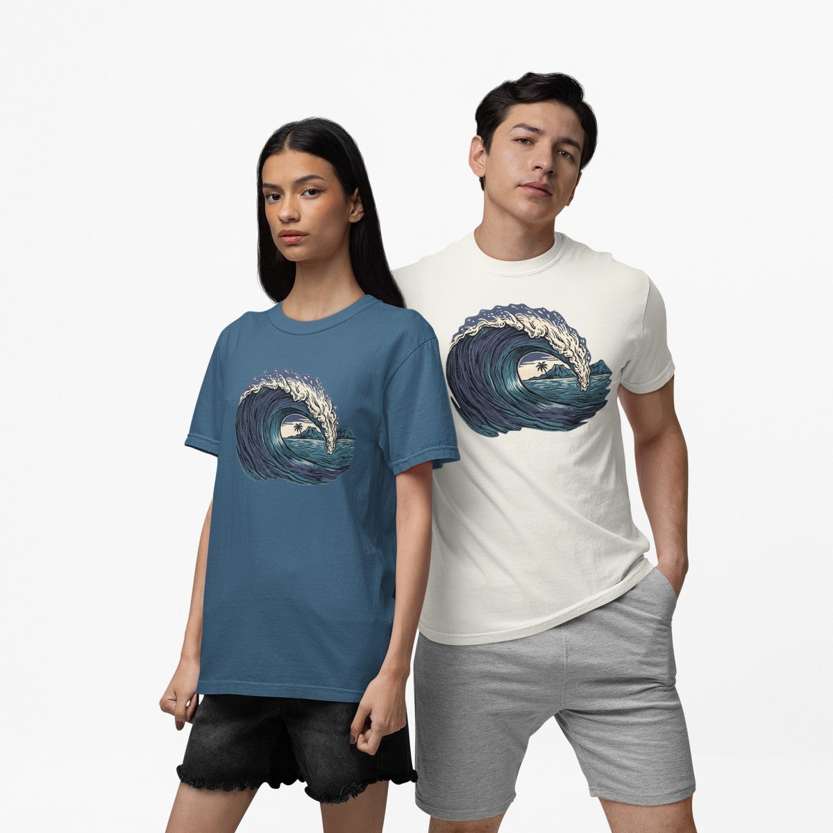 On-model lifestyle photo of the Vintage Woodcut Wave Hawaii Surf Graphic Hawaiian T-shirt