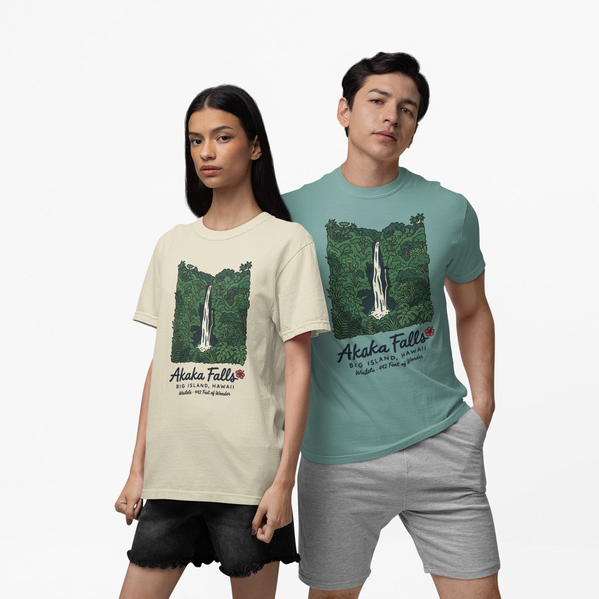 On-model lifestyle photo of the Akaka Falls Big Island Hawaii Vintage Travel Graphic Hawaiian T-shirt