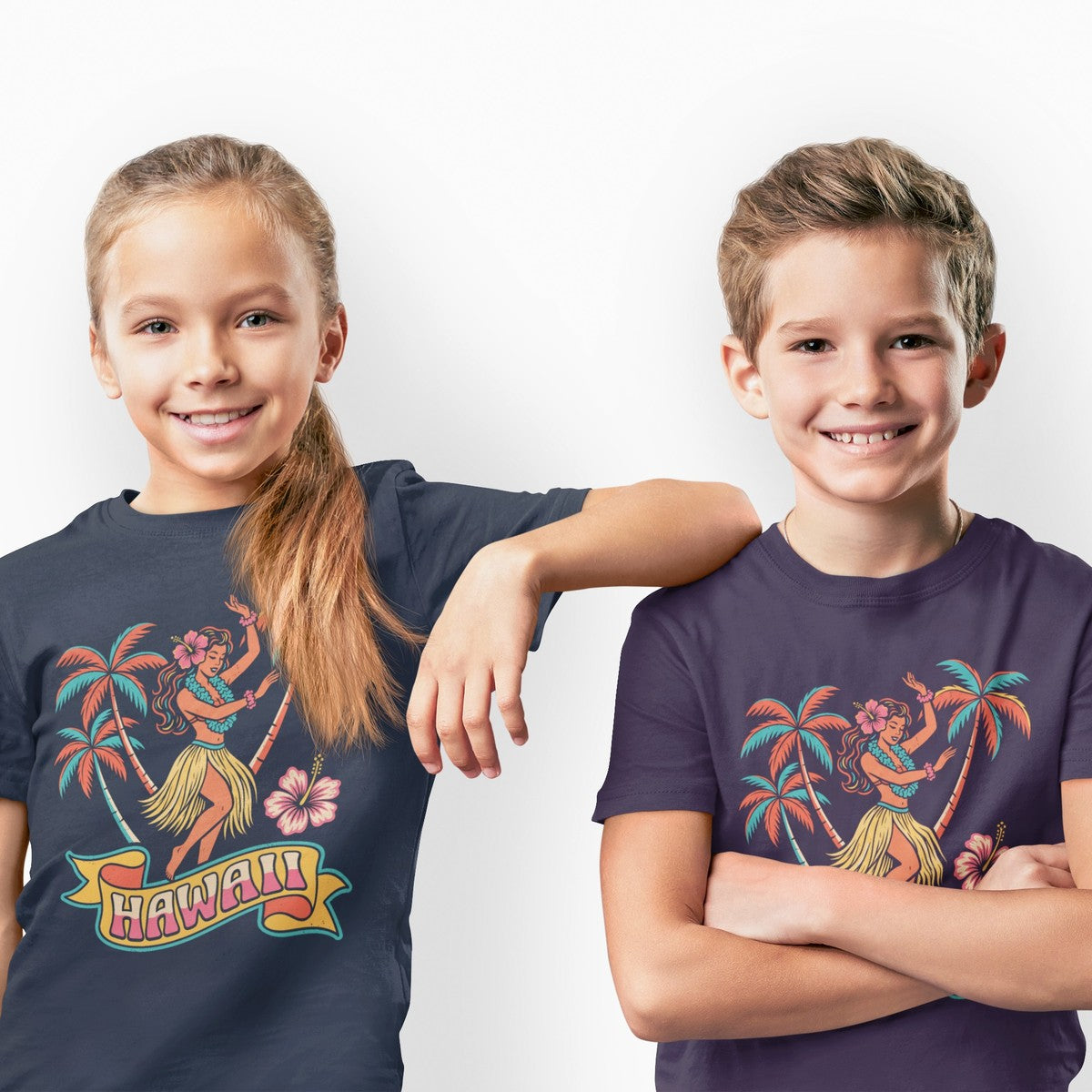 On-model lifestyle photo of the Retro Hula Dancer Hawaii Vintage Graphic Kids Hawaiian T-shirt