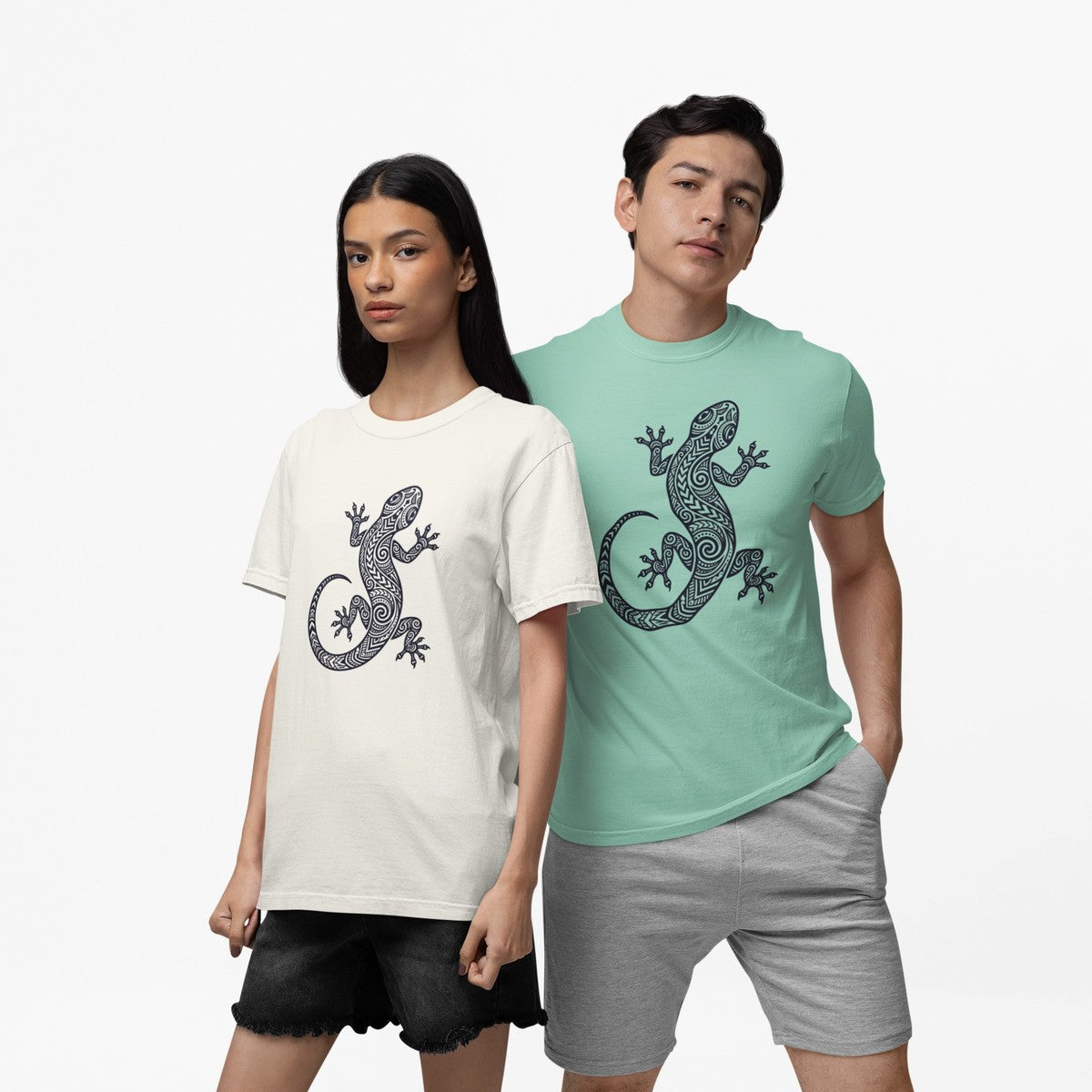 On-model lifestyle photo of the Tribal Gecko Polynesian Hawaiian Graphic Hawaiian T-shirt