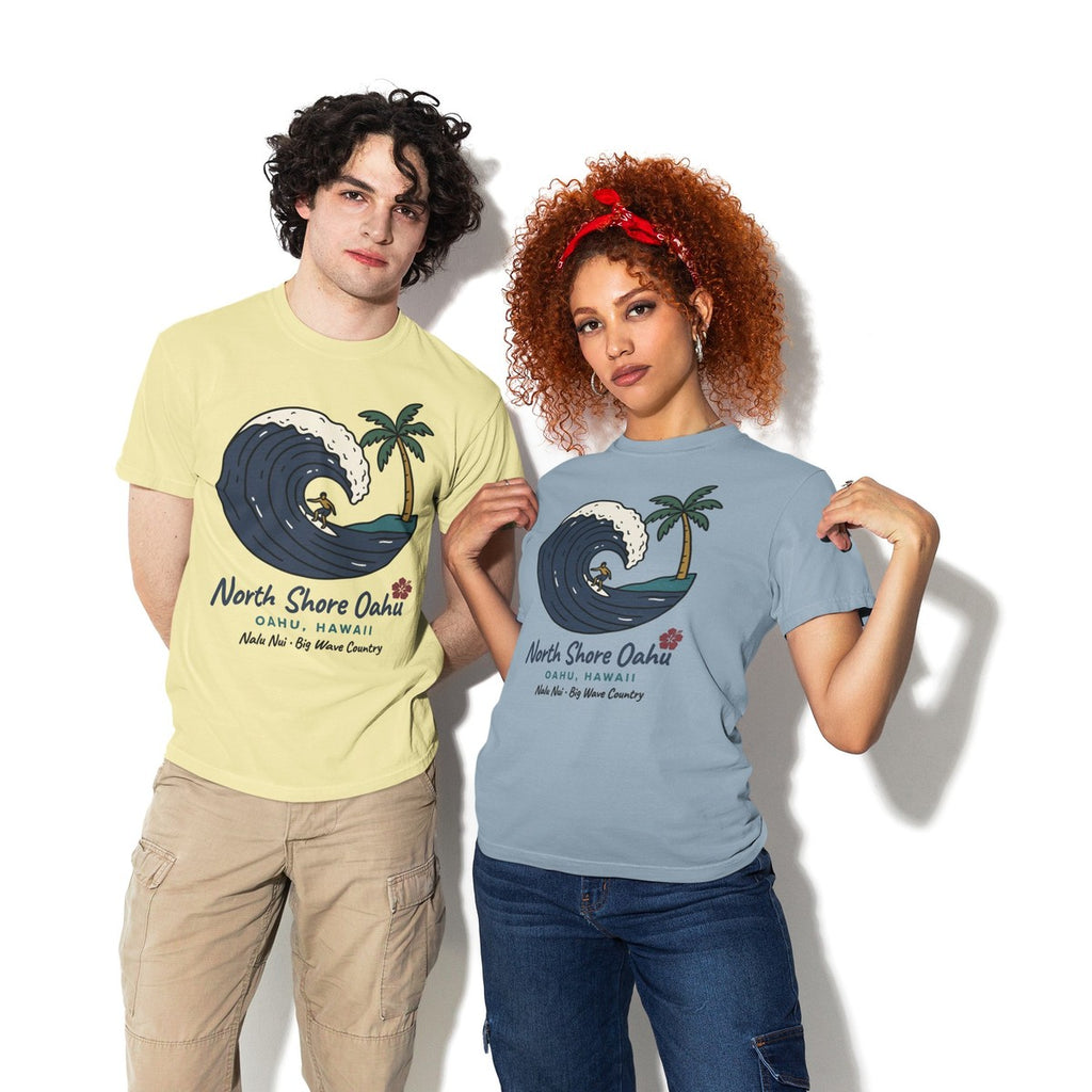 On-model lifestyle photo of the North Shore Oahu Hawaii Vintage Travel Graphic Hawaiian T-shirt