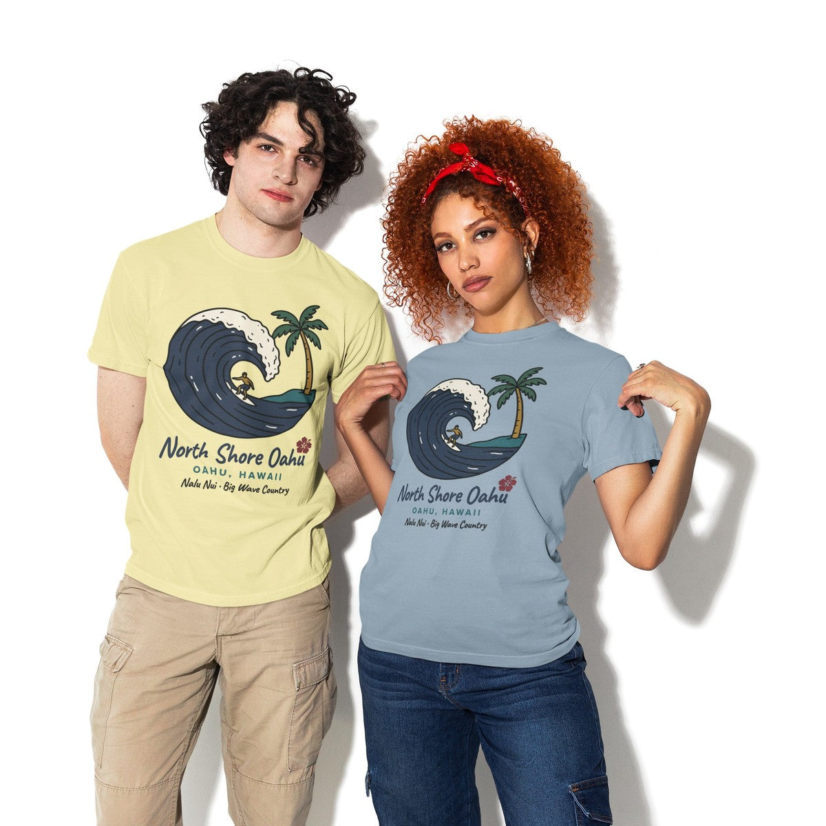 On-model lifestyle photo of the North Shore Oahu Hawaii Vintage Travel Graphic Hawaiian T-shirt