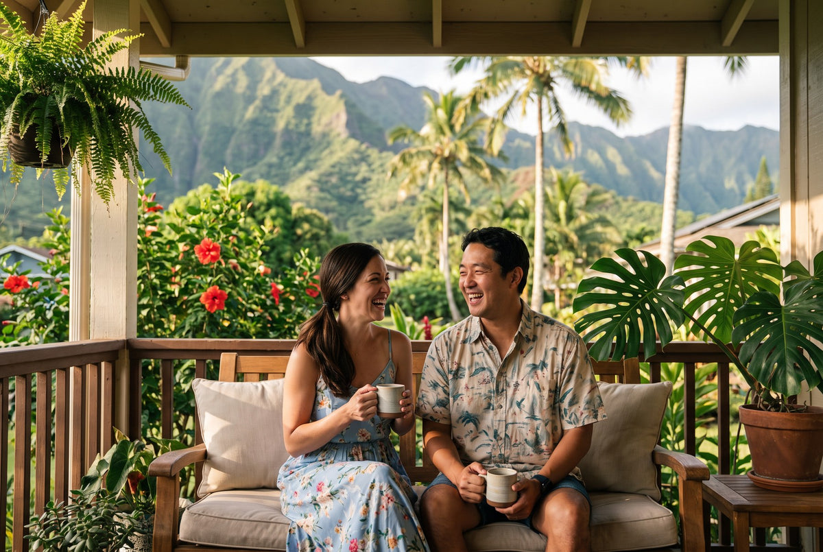 A couple relaxing on a tropical veranda with green Hawaiian mountains behind