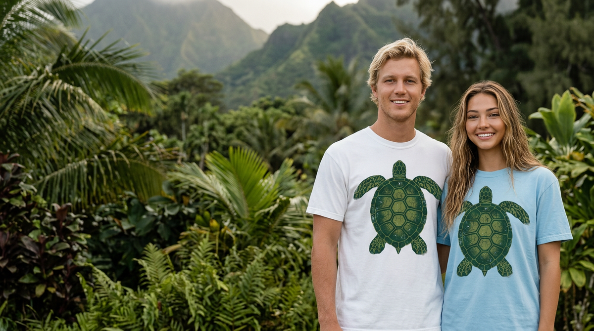 Couple wearing Hawaiian Dreams sea turtle tees